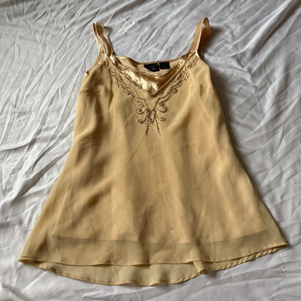 Tailor B Moss Gold Beaded Sheer Sleeveless Tank Top Women's Small Y2K